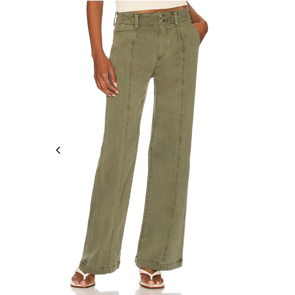 Paige Pants 31 Brooklyn Vintage Green High Rise Wide Leg Cropped Pleated Casual - Picture 2 of 16